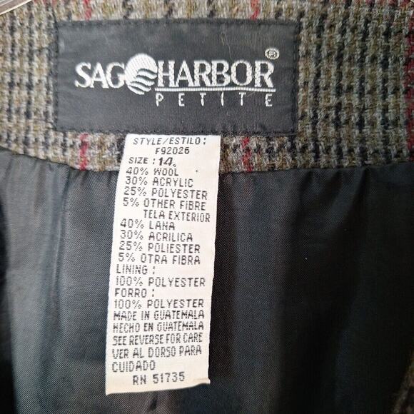 Vintage Sag Harbor Gray Green Plaid Wool Blnd Blazer Women Size 14P Petite - Picture 8 of 9